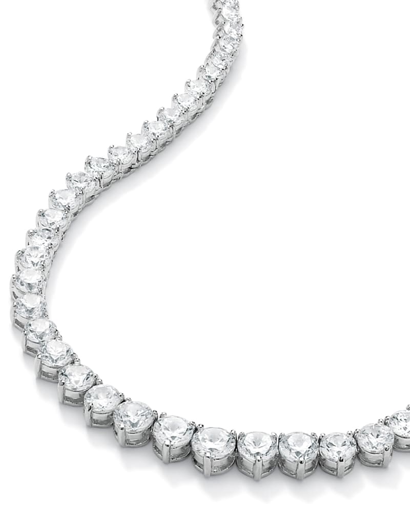 Front of a size 16 in 26.55 TCW Round Cubic Zirconia Silvertone Eternity Necklace 16" in White by PalmBeach Jewelry. | dia_product_style_image_id:286102